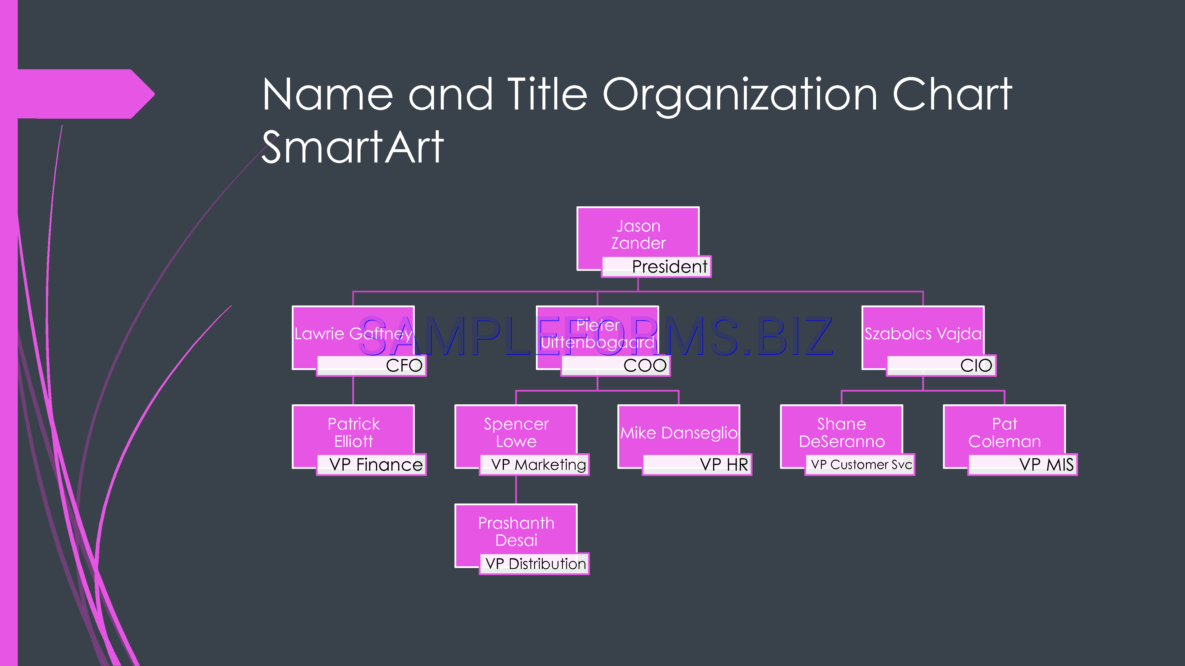 Preview free downloadable Small Business Organizational Chart (Black, Pink, Widescreen) in PDF (page 1)